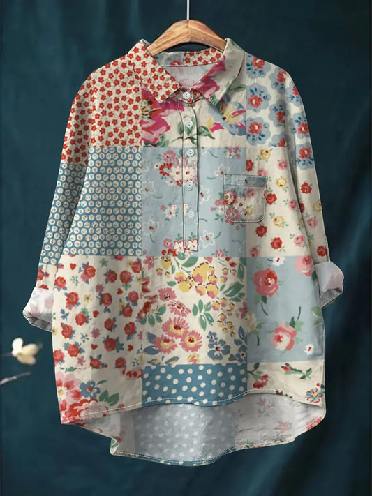 Vintage Bug Floral Art Print Casual Shirt with Pocket