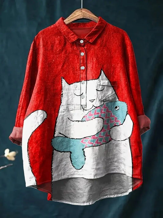 Vintage Fish & Cat Art Print Casual Shirt with Pocket