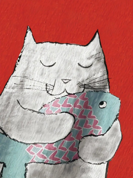 Vintage Fish & Cat Art Print Casual Shirt with Pocket