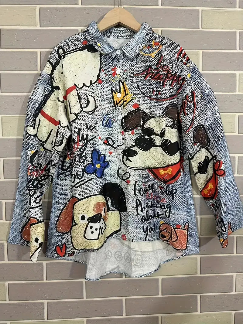 Vintage Dog Art Print Casual Shirt with Pocket