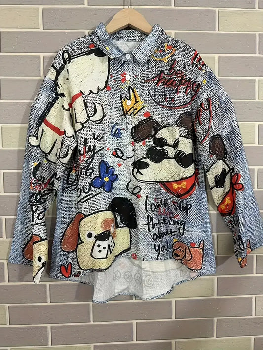 Vintage Dog Art Print Casual Shirt with Pocket