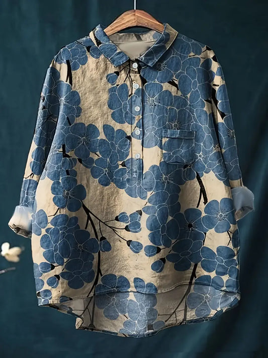 Vintage Bule Floral Art Print Casual Shirt with Pocket