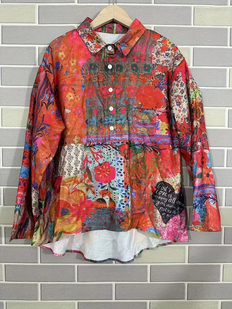 Vintage Red Heart Floral Art Print Casual Shirt with Pocket
