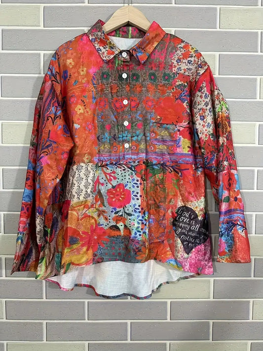 Vintage Red Heart Floral Art Print Casual Shirt with Pocket