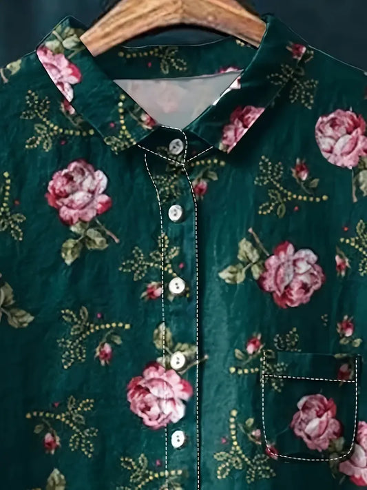 Vintage Green & Pink Art Print Casual Shirt with Pocket