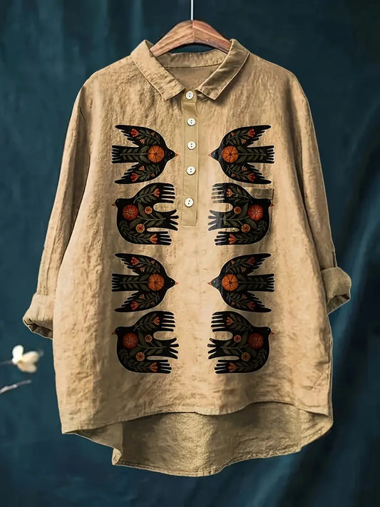Vintage Black Birds Art Print Casual Shirt with Pocket