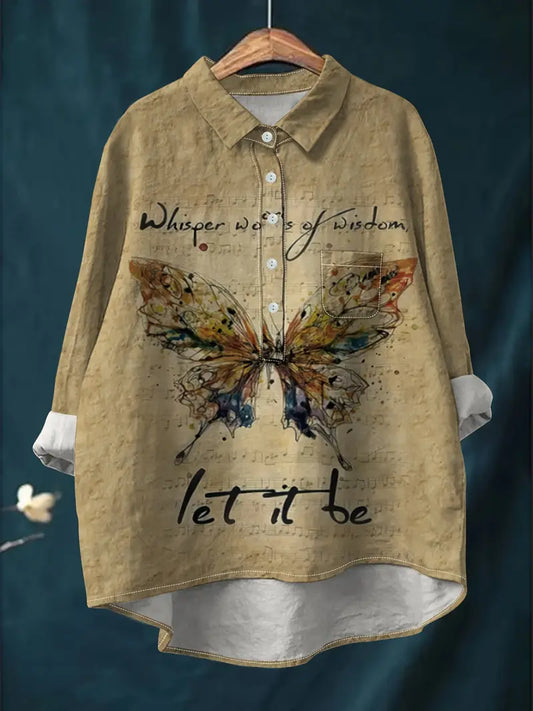 Vintage Butterfly Art Print Casual Shirt with Pocket