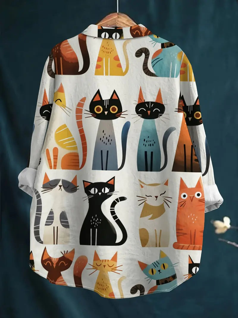 Vintage Cat's Art Print Casual Shirt with Pocket