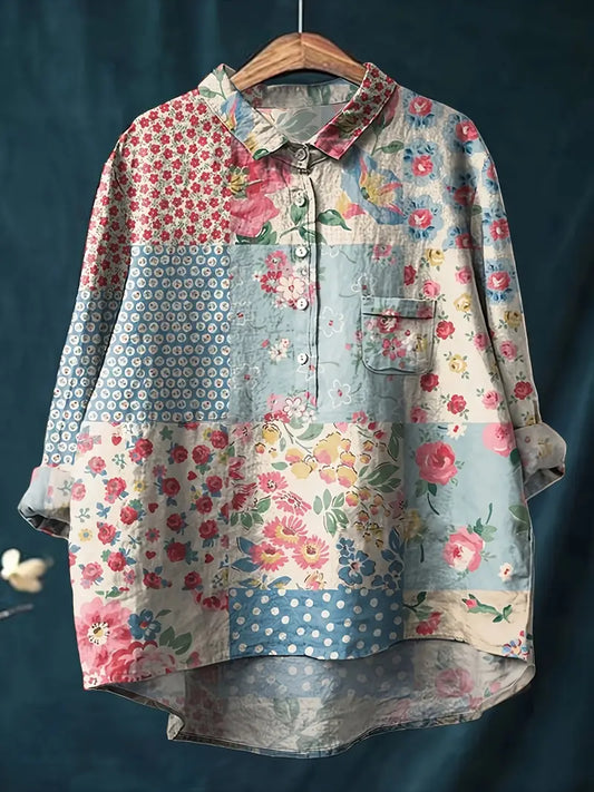 Vintage White Floral Art Print Casual Shirt with Pocket