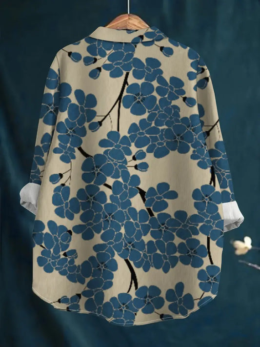 Vintage Bule Floral Art Print Casual Shirt with Pocket