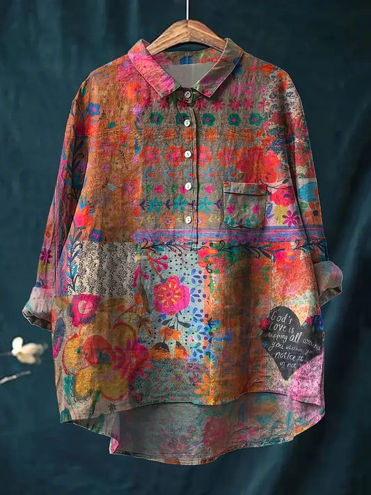 Vintage Red Heart Floral Art Print Casual Shirt with Pocket