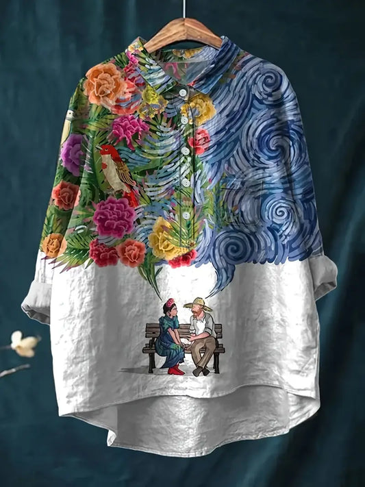 Vintage Couple Art Print Casual Shirt with Pocket