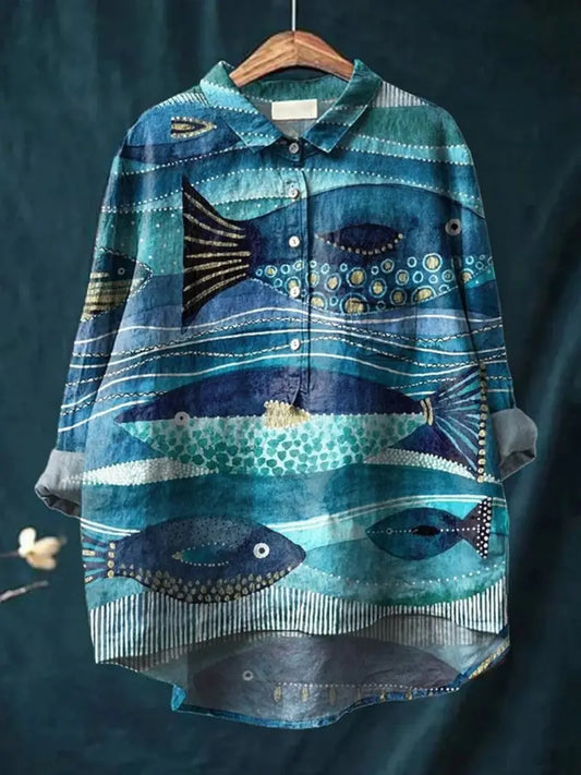 Vintage Big See Fish Art Print Casual Shirt with Pocket
