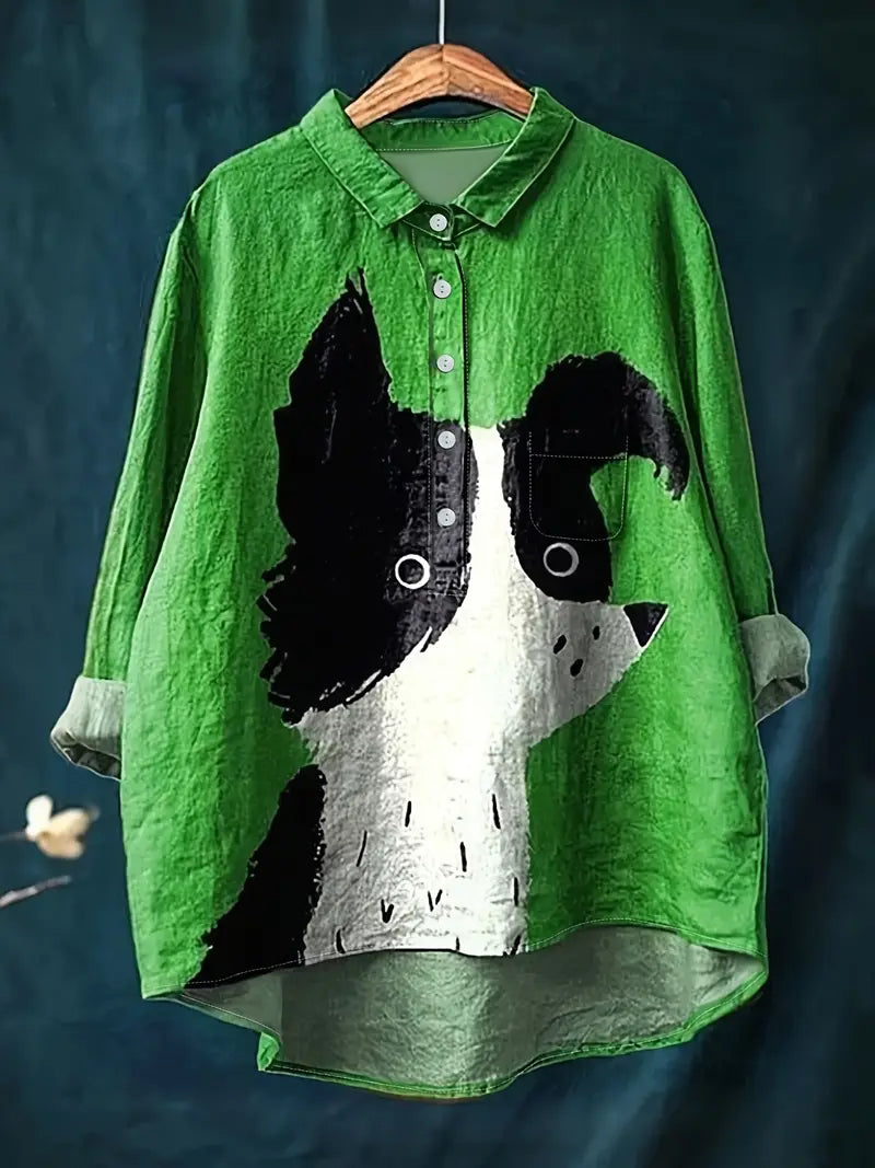 Vintage Green Dog Art Print Casual Shirt with Pocket