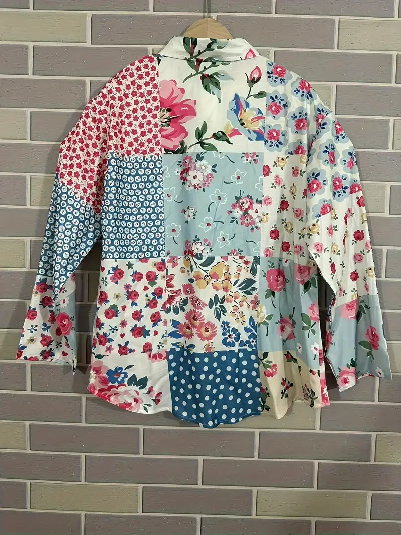 Vintage White Floral Art Print Casual Shirt with Pocket