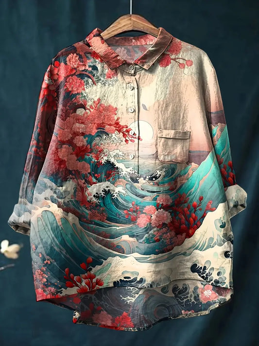 Vintage Blue Floral Art Print Casual Shirt with Pocket