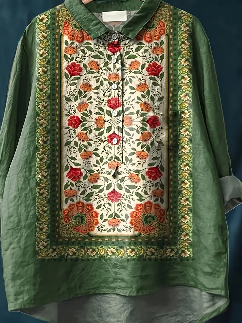 Vintage Green Floral Art Print Casual Shirt with Pocket