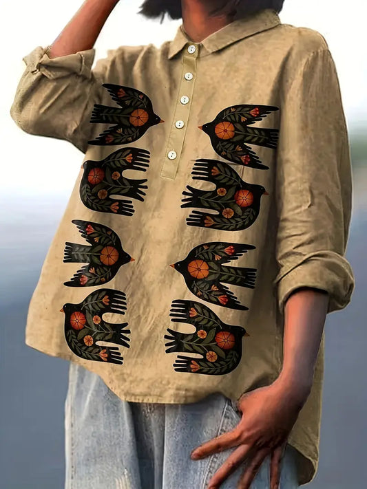 Vintage Black Birds Art Print Casual Shirt with Pocket
