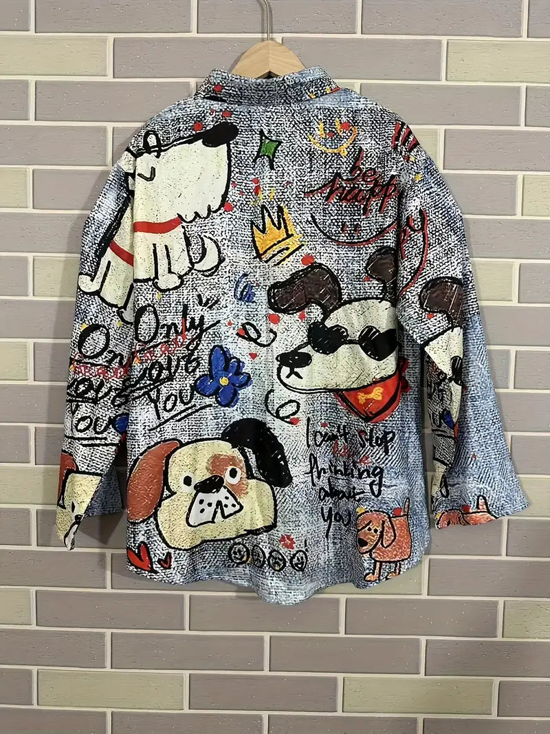 Vintage Dog Art Print Casual Shirt with Pocket