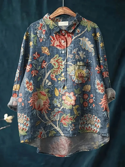 Vintage Blue & Red Floral Art Print Casual Shirt with Pocket