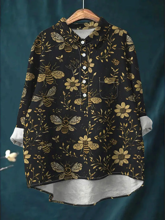 Vintage Black Floral Art Print Casual Shirt with Pocket