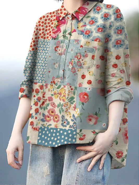 Vintage Bug Floral Art Print Casual Shirt with Pocket