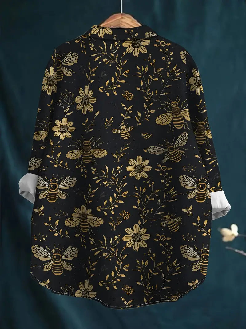 Vintage Black Floral Art Print Casual Shirt with Pocket