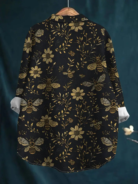 Vintage Black Floral Art Print Casual Shirt with Pocket