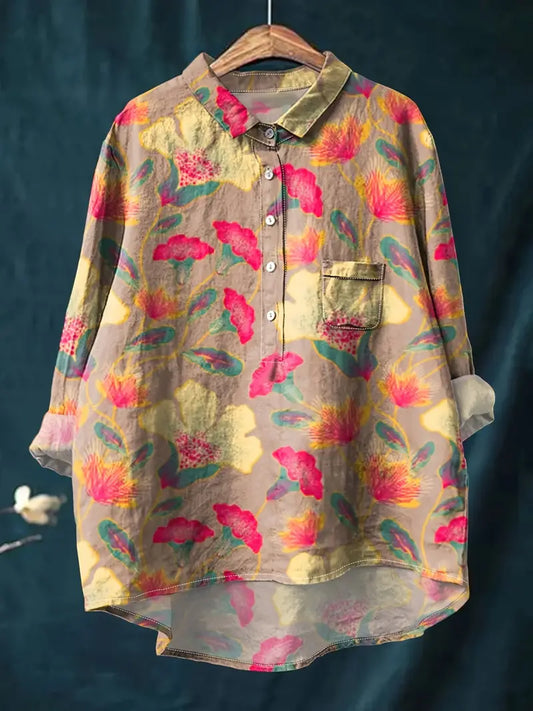 Vintage Charm Art Print Casual Shirt with Pocket